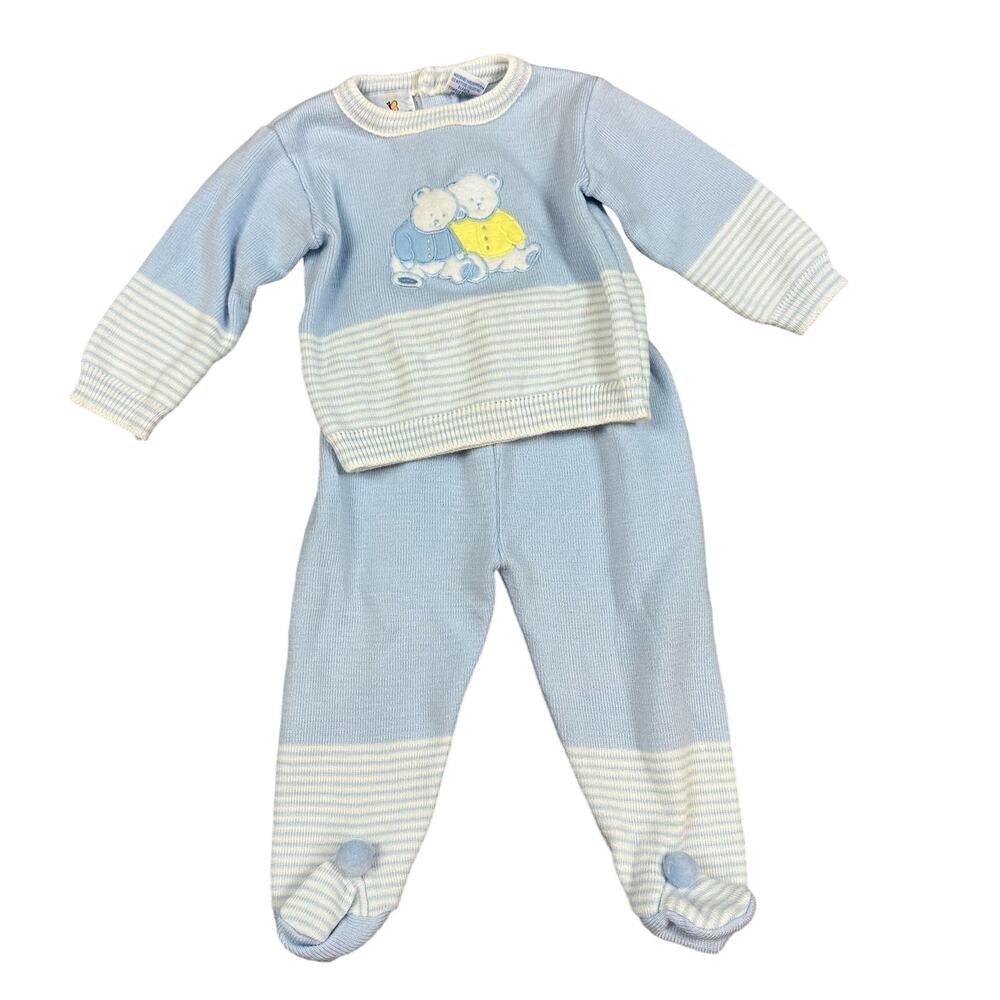 Vintage 2 Piece Sweater Outfit Baby Kisses 3-6 Boy Blue White Stripe Pom Booties